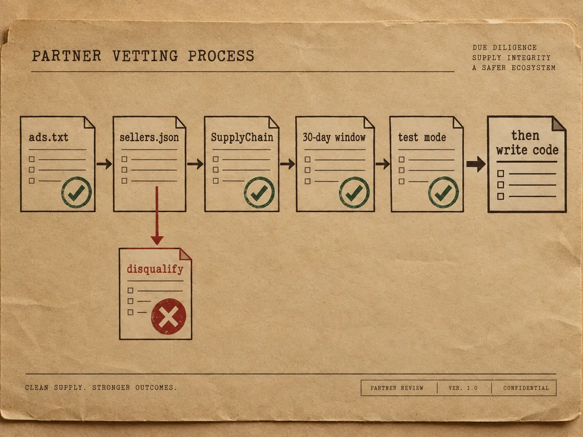 Five vetting gate cards in sequence: ads.txt, sellers.json, SupplyChain, and a 30-day window before a pass or stop mark