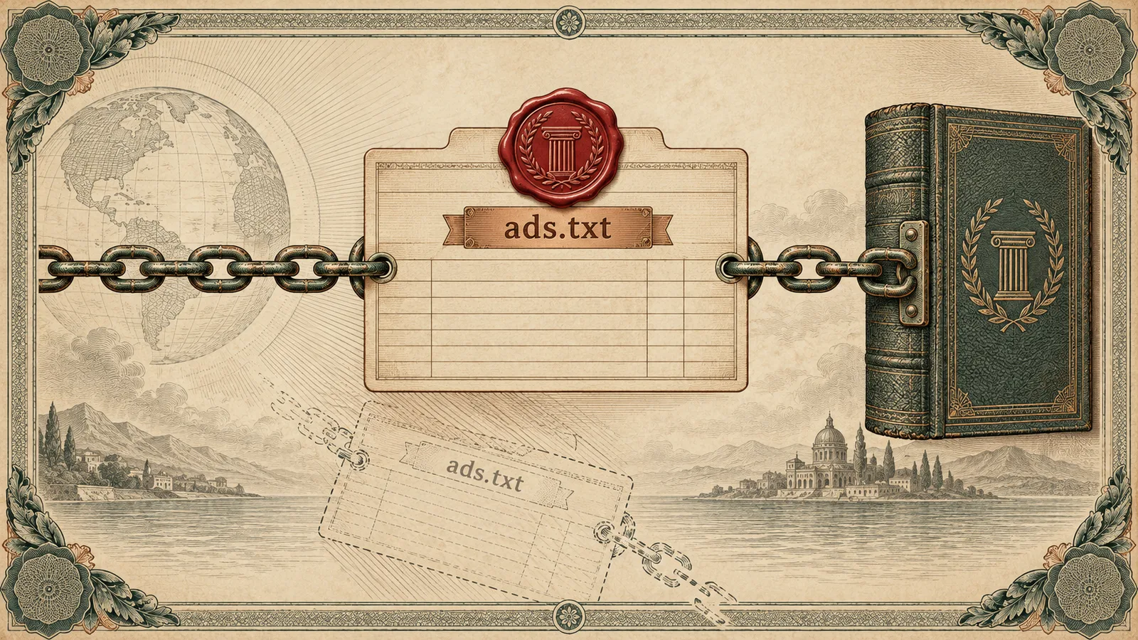 Notarial certificate cover in sepia and verdigris for an article on ads.txt and sellers.json supply chain security