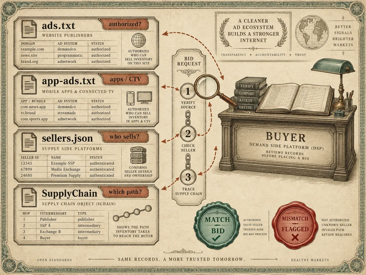 Four record cards with copper tabs: ads.txt authorized, app-ads.txt for apps, sellers.json sellers, SupplyChain paths