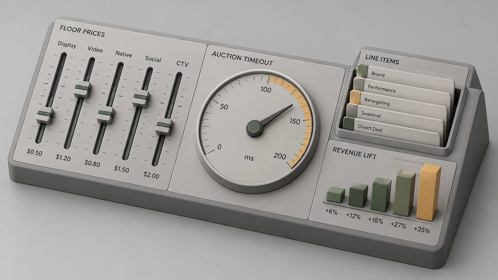 Isometric instrument-panel cover in moss green and amber for seven advanced Google Ad Manager strategies