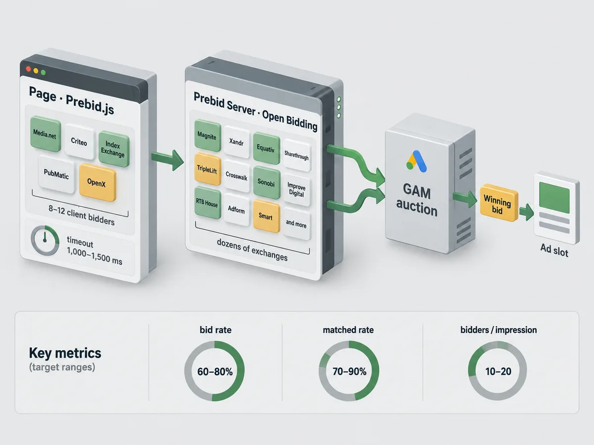 Header bidding schematic showing Prebid.js browser bidders and Prebid Server stages feeding the ad server