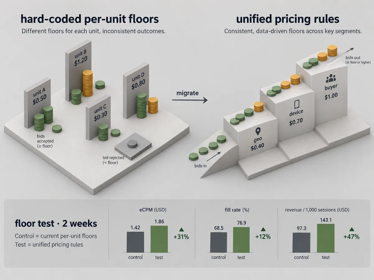 Comparison of hard-coded per-unit floors as scattered walls versus unified pricing rules as stepped terraces
