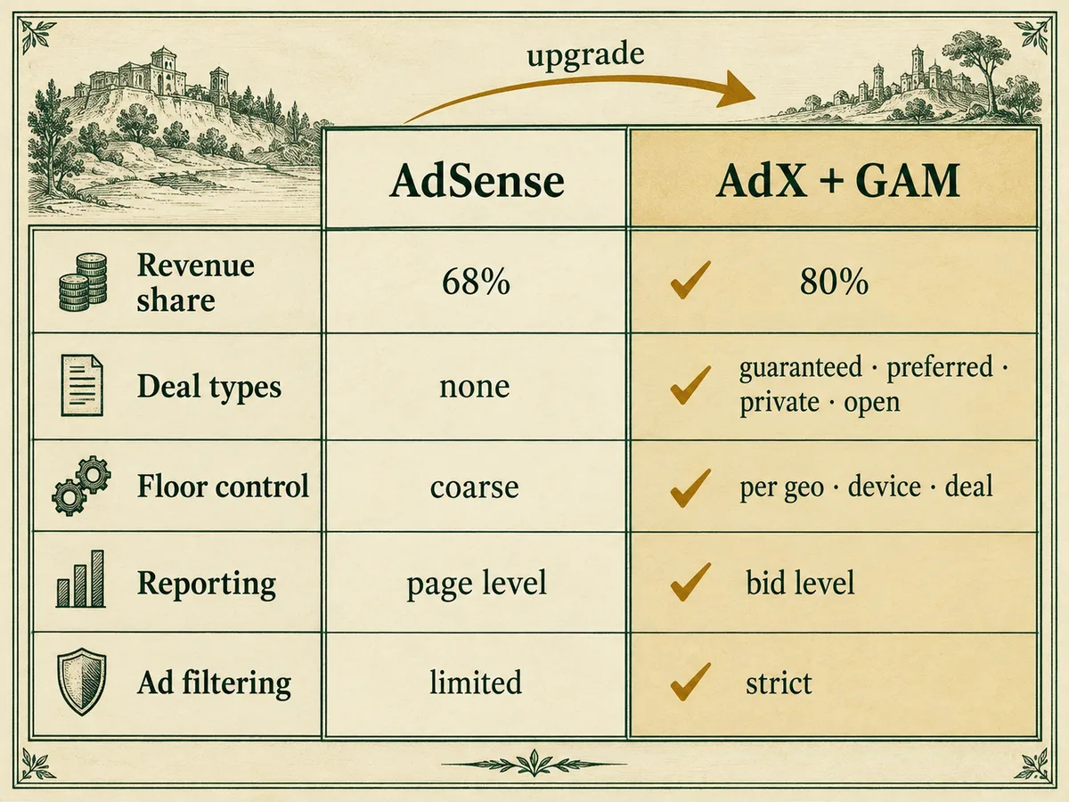 Engraved comparison table of AdSense versus AdX plus GAM across revenue share, deal types, floor control, and reporting