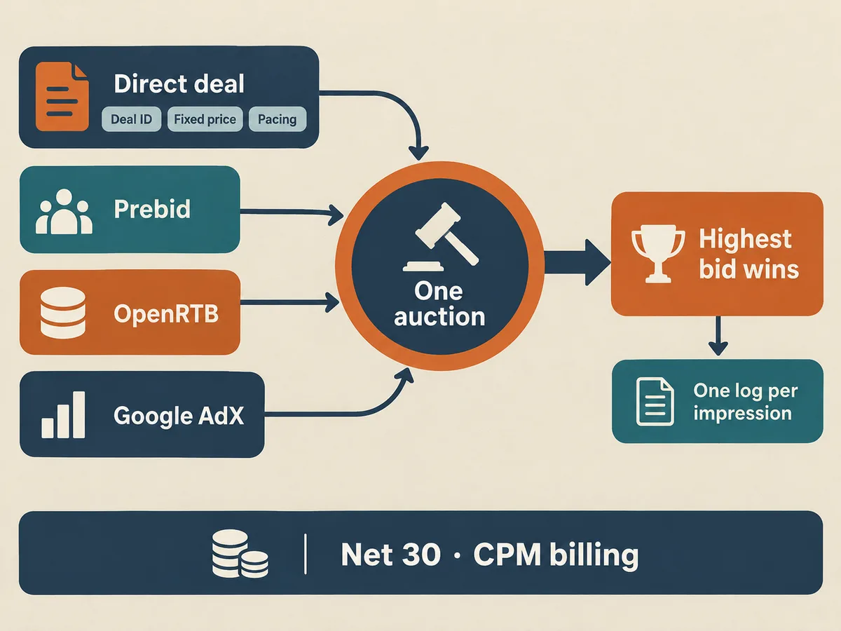 Flow diagram of direct deal, Prebid, OpenRTB, and Google AdX sources converging into one unified auction block