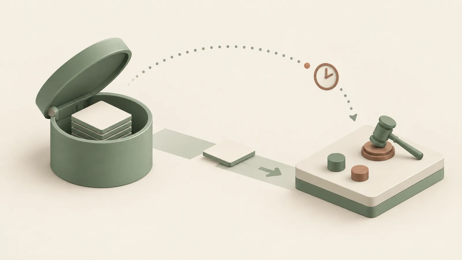 Isometric sage-green cover for an article on bid caching in OpenRTB, its pros, cons, and policies