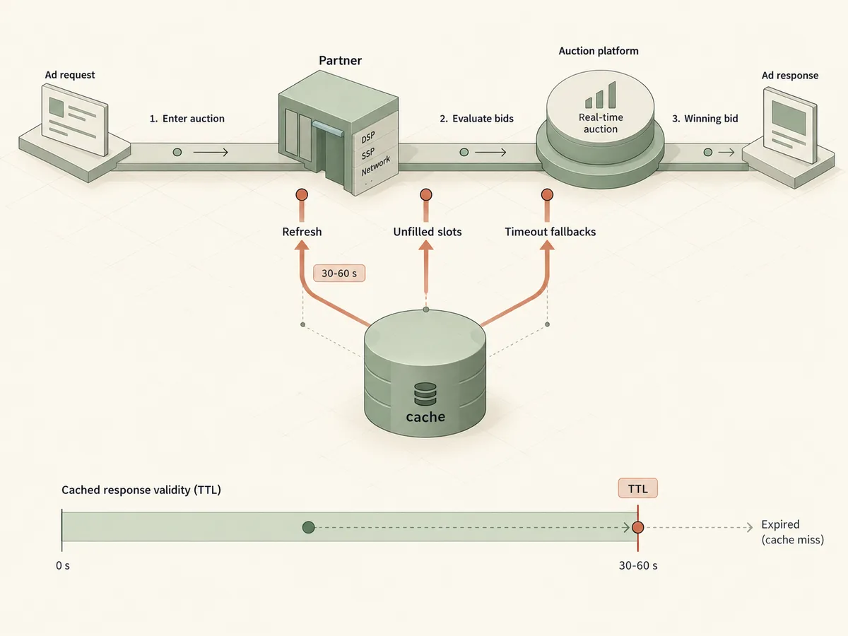 Isometric auction flow where a request passes a partner into an auction while a cache store sits below the track