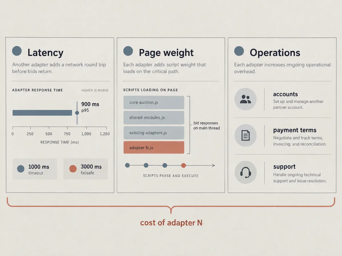 Three ledger panels on adapter costs: latency at 900 ms p95, plus overhead and timeout tradeoffs per added adapter
