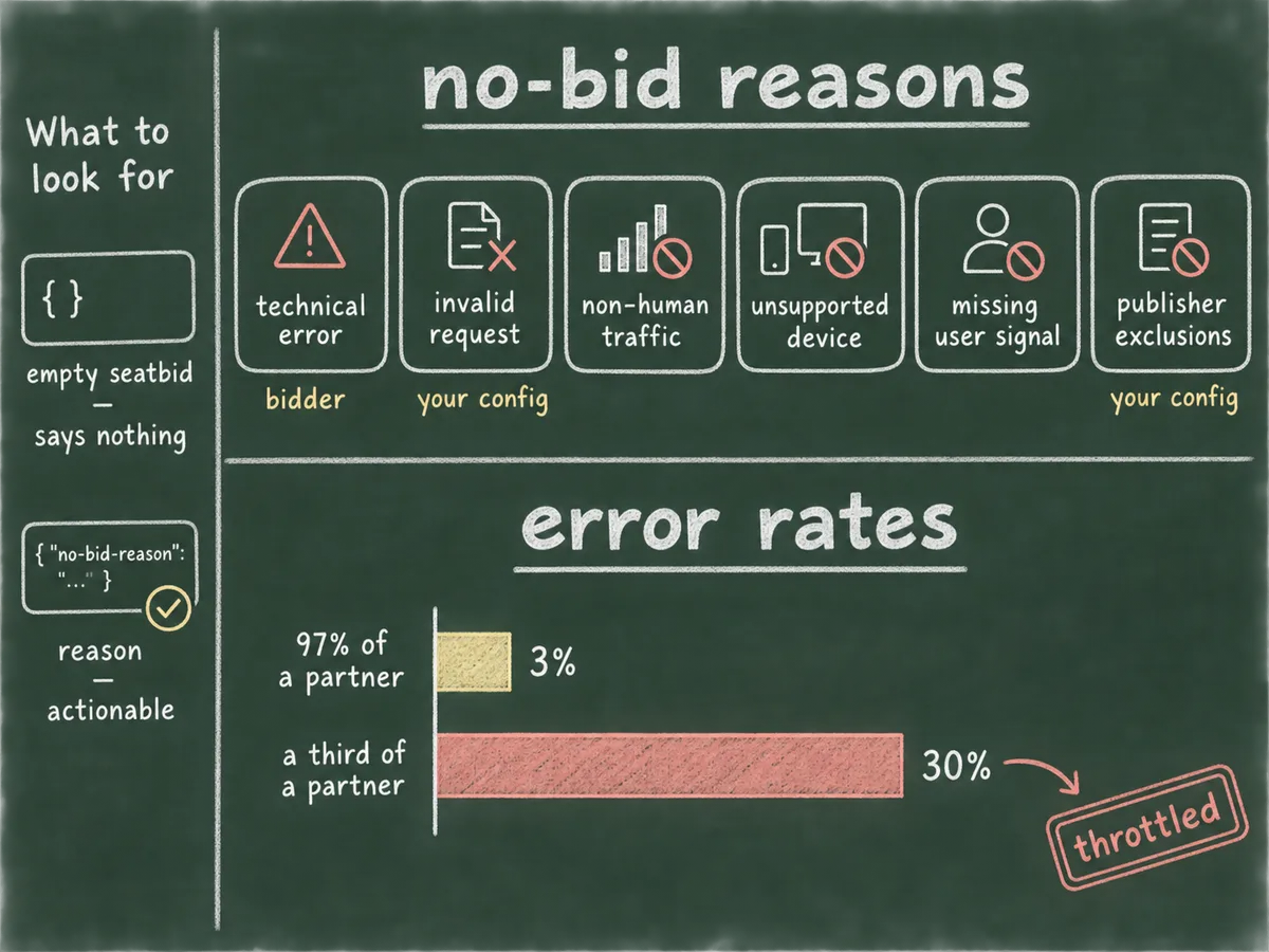Chalkboard listing six no-bid reasons, from technical error to publisher exclusions, with owner tags for each