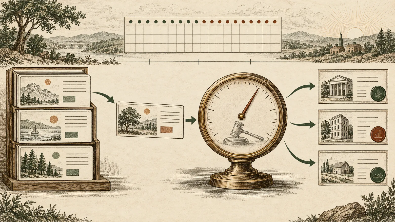 Almanac-style cover for a publisher's guide to choosing an SSP, sepia linework on ivory with green and sienna accents