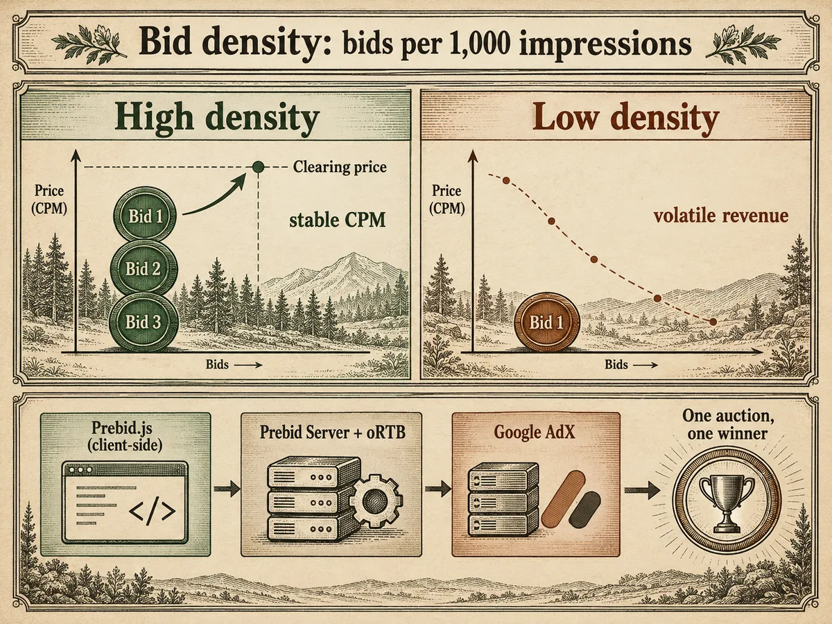 Vintage almanac infographic comparing high versus low bid density with stacked bid tokens per 1,000 impressions