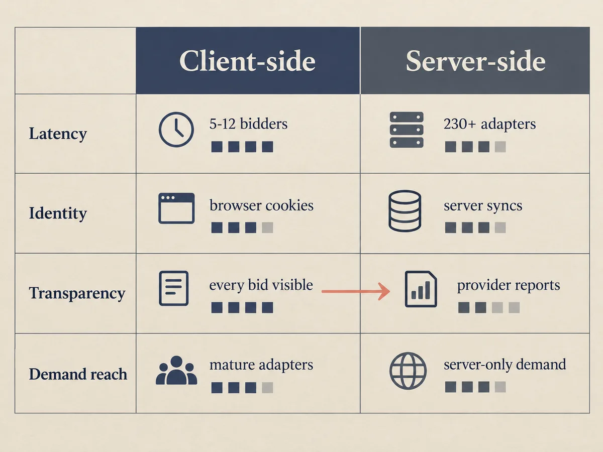 Two-column chart comparing client-side and server-side header bidding across latency, identity, transparency, and reach