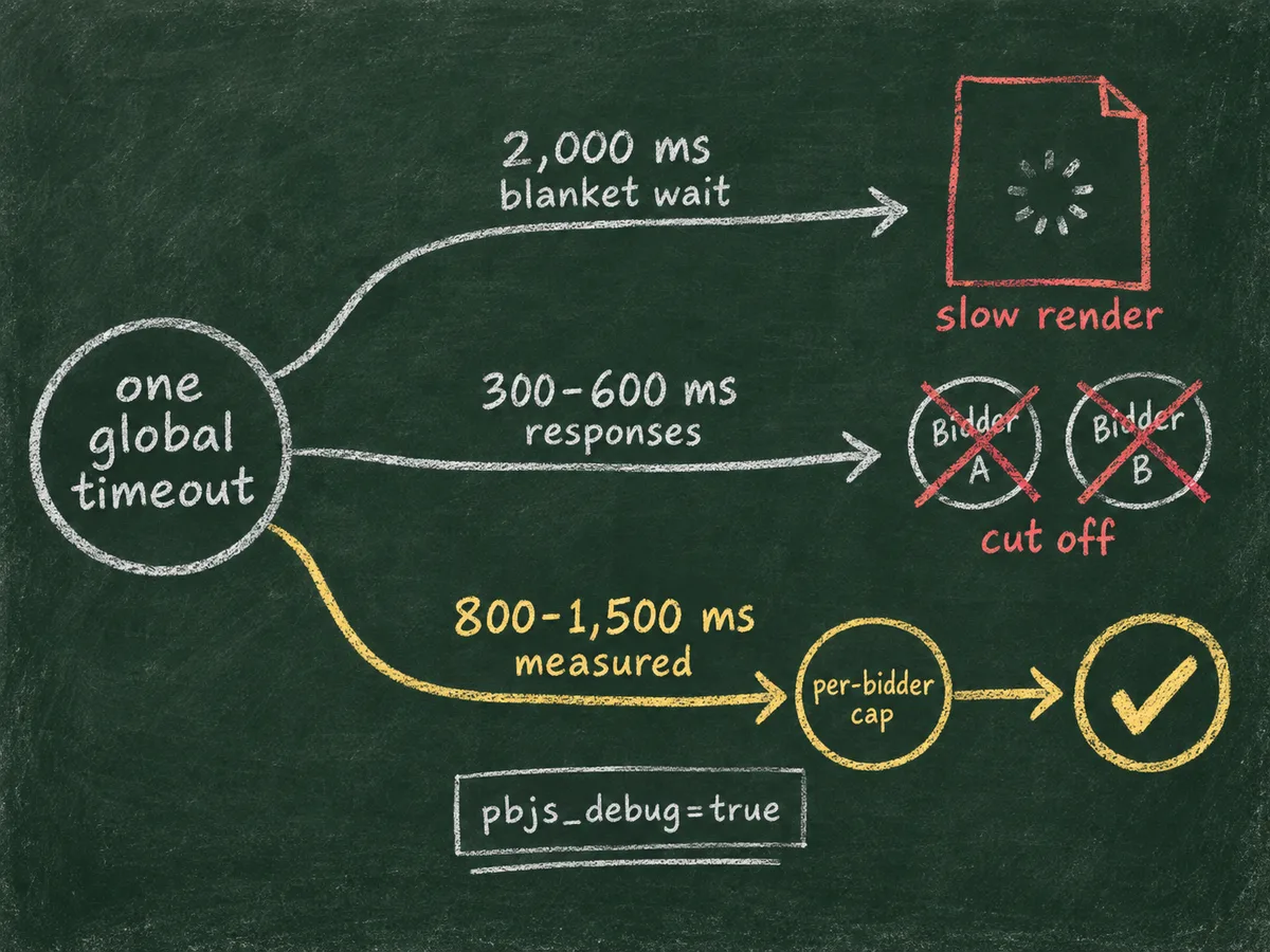 Chalk decision flow where a 2,000 ms blanket timeout branches into paths showing slow pages and lost bids