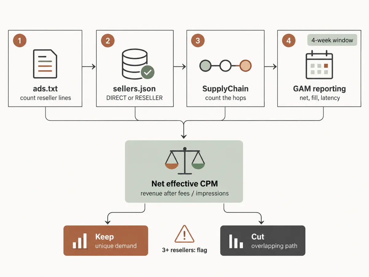 Four-step audit flow of cards checking ads.txt reseller lines, sellers.json direct entries, and related inventory records