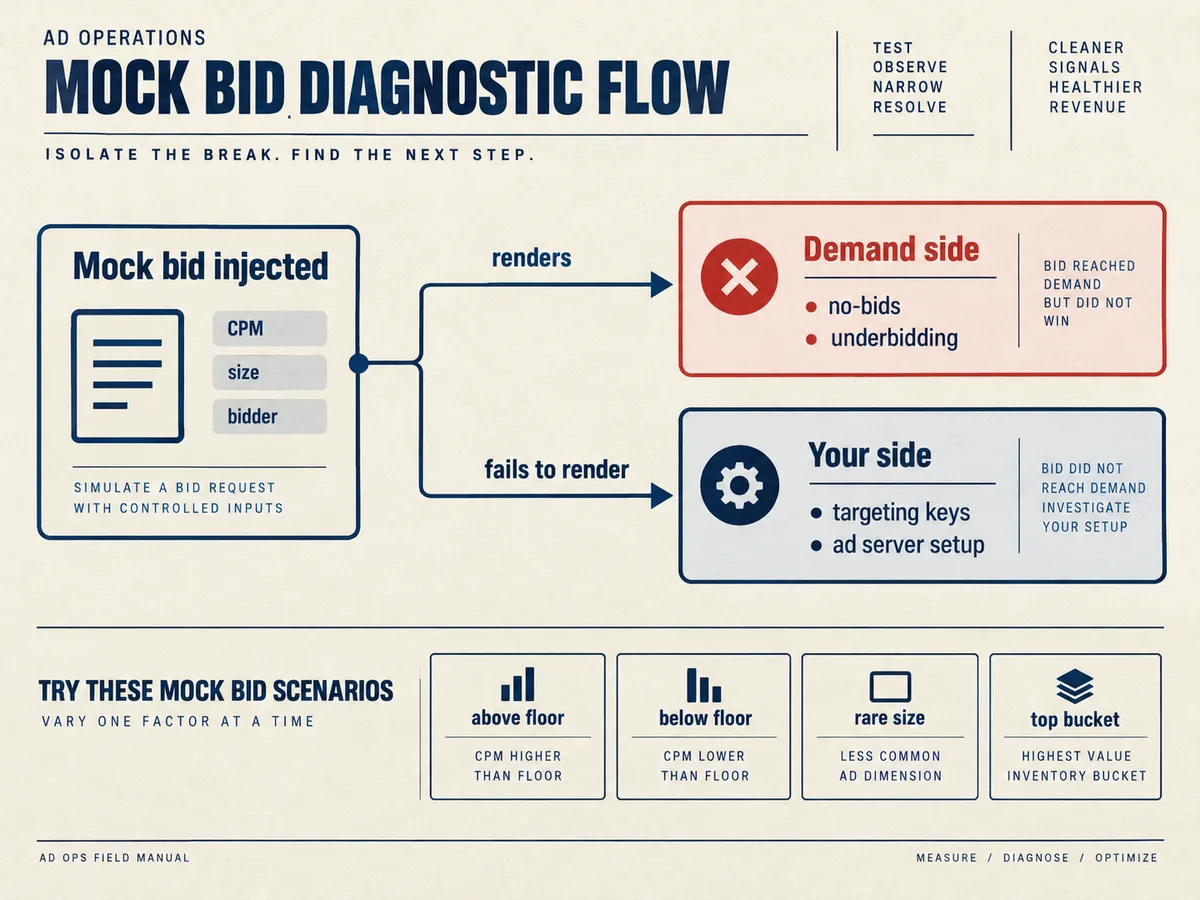 Decision flow where a mock bid with CPM, size, and bidder tags either renders or fails through labeled debug paths