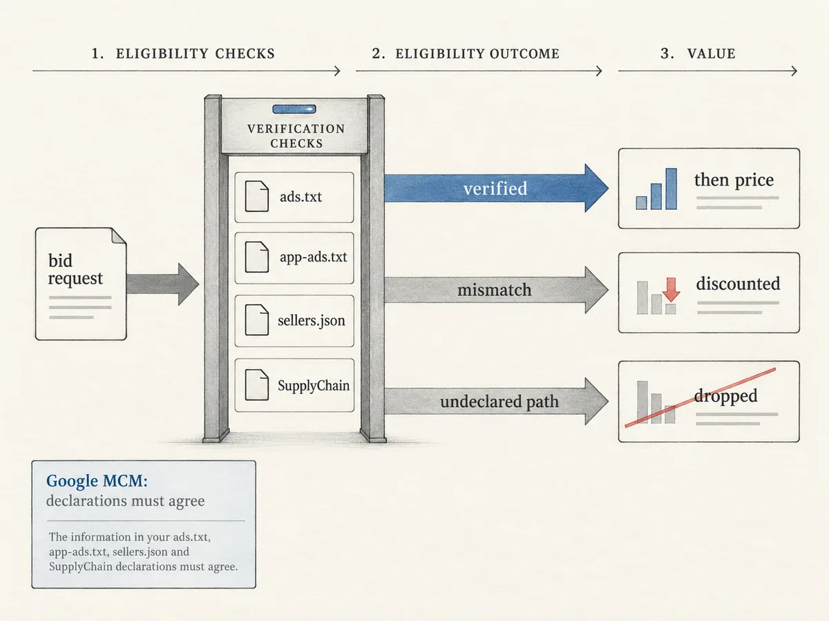 Bid request passing a verification gate of ads.txt, sellers.json, and SupplyChain checks before buyer evaluation