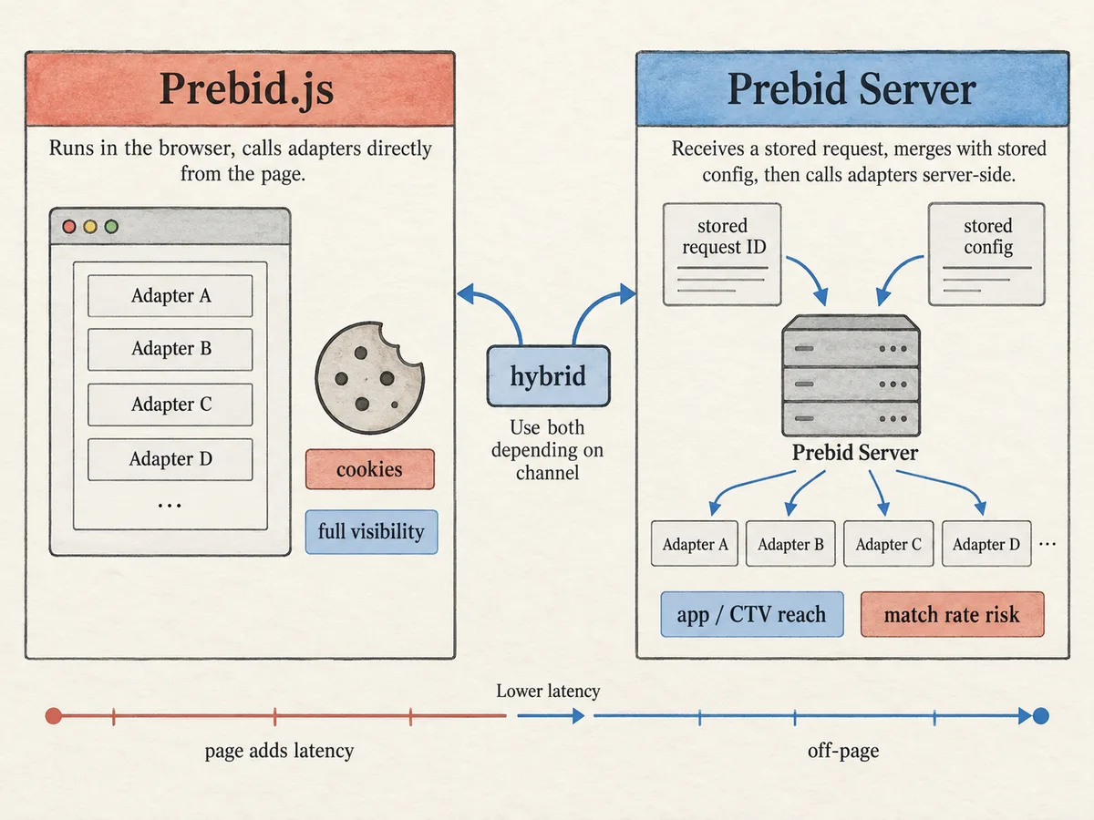 Comparison of Prebid.js browser adapters with full cookie visibility versus Prebid Server with limited signals