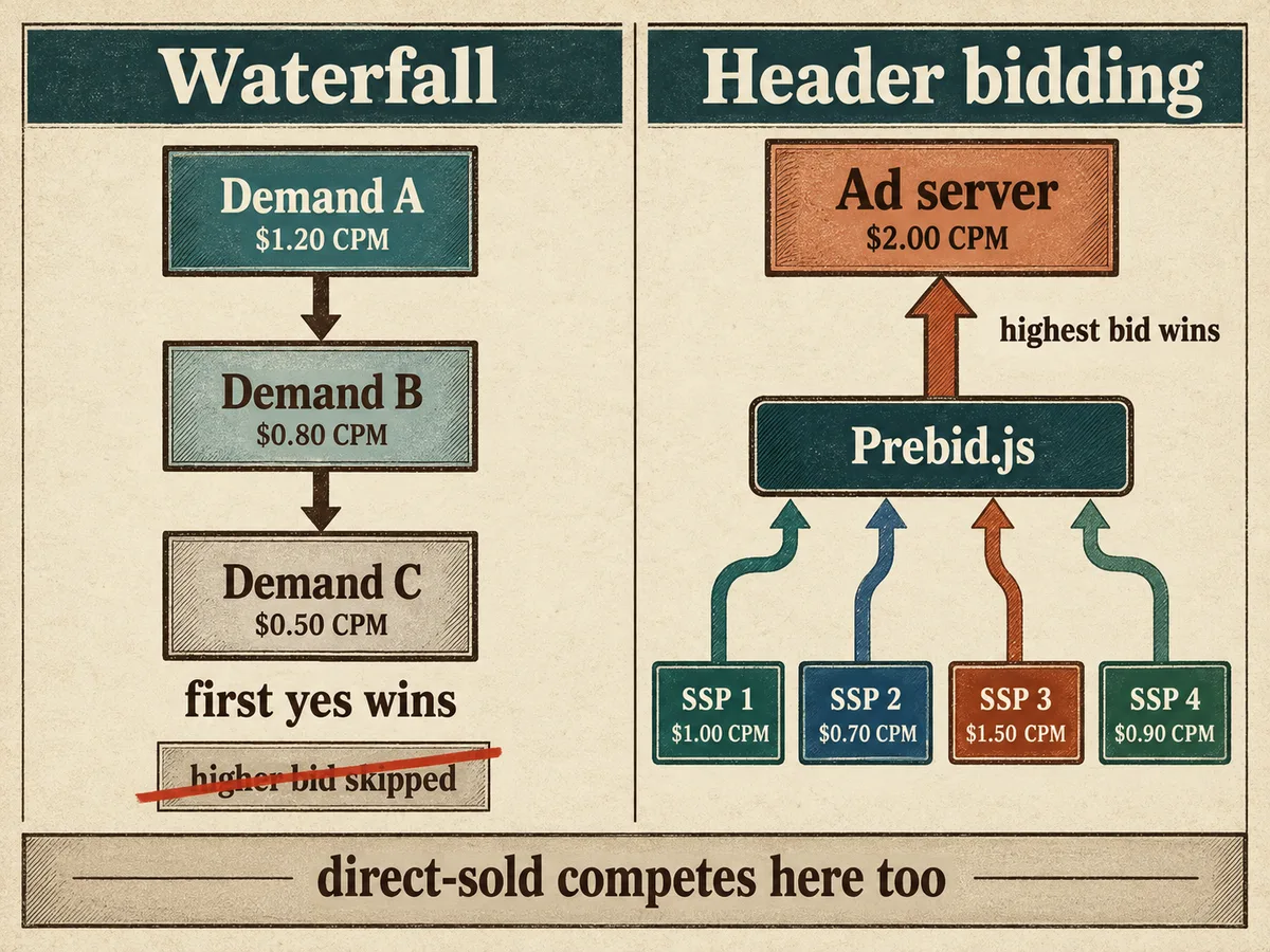 Side-by-side schematic contrasting waterfall demand chains with a header bidding auction, first yes wins versus all bids compete