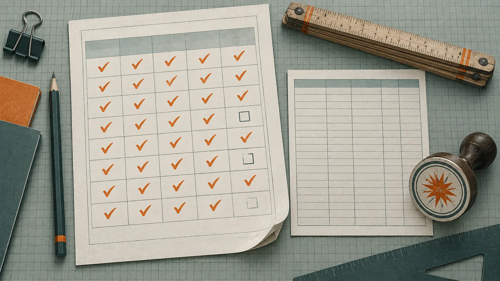Vellum audit-sheet cover in graphite and safety orange for a checklist on auditing a Google Ad Manager setup