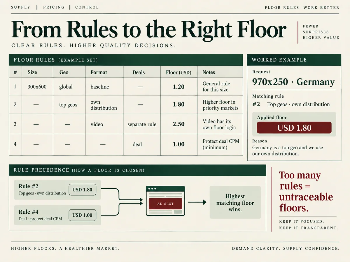 Annotated floor-rule matrix with rows for size, geo, video format, and deal protection in a unified pricing setup
