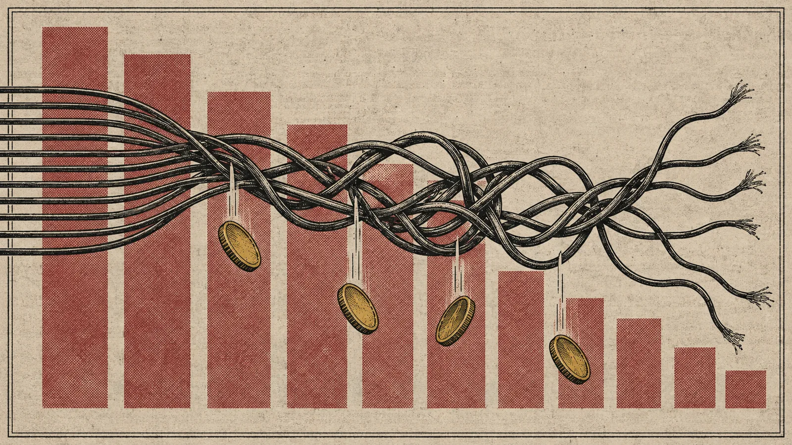 Vintage newsprint cover in oxblood and mustard for an article on the hidden costs of working with too many ad networks