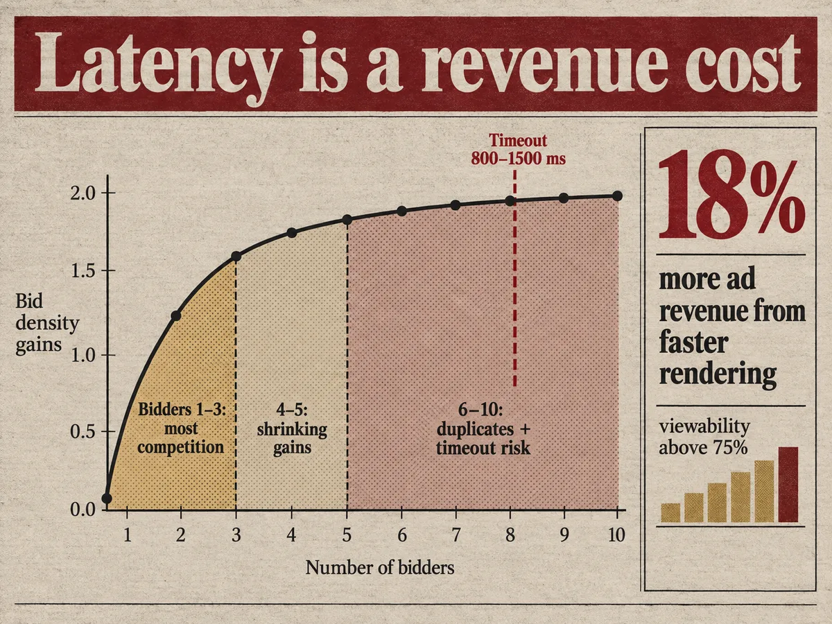 Newsprint line chart of bid density gains rising steeply then flattening, with shaded zones marking diminishing returns