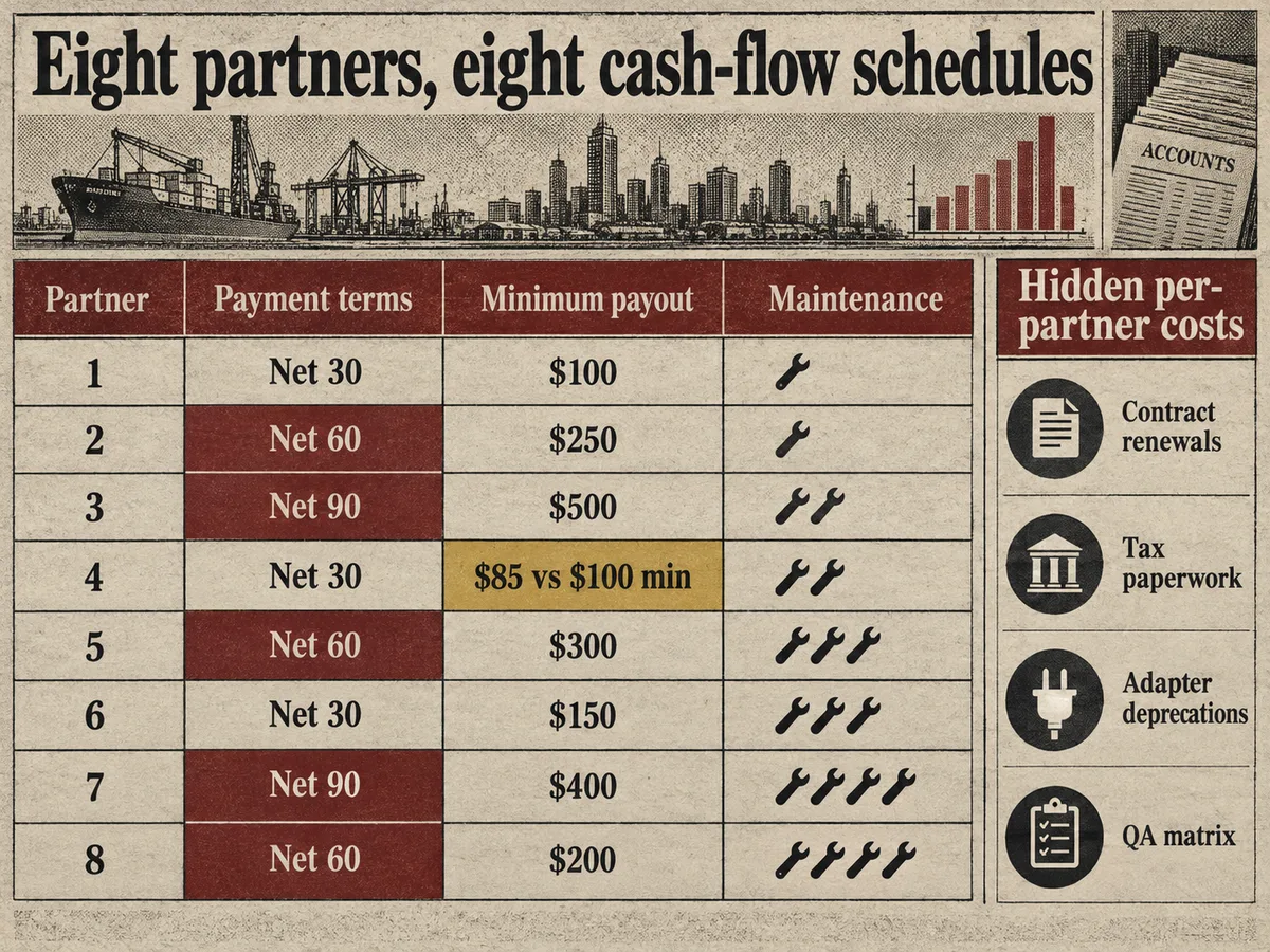 Ledger table of eight partner rows comparing payment terms, minimum payout, and maintenance costs per network