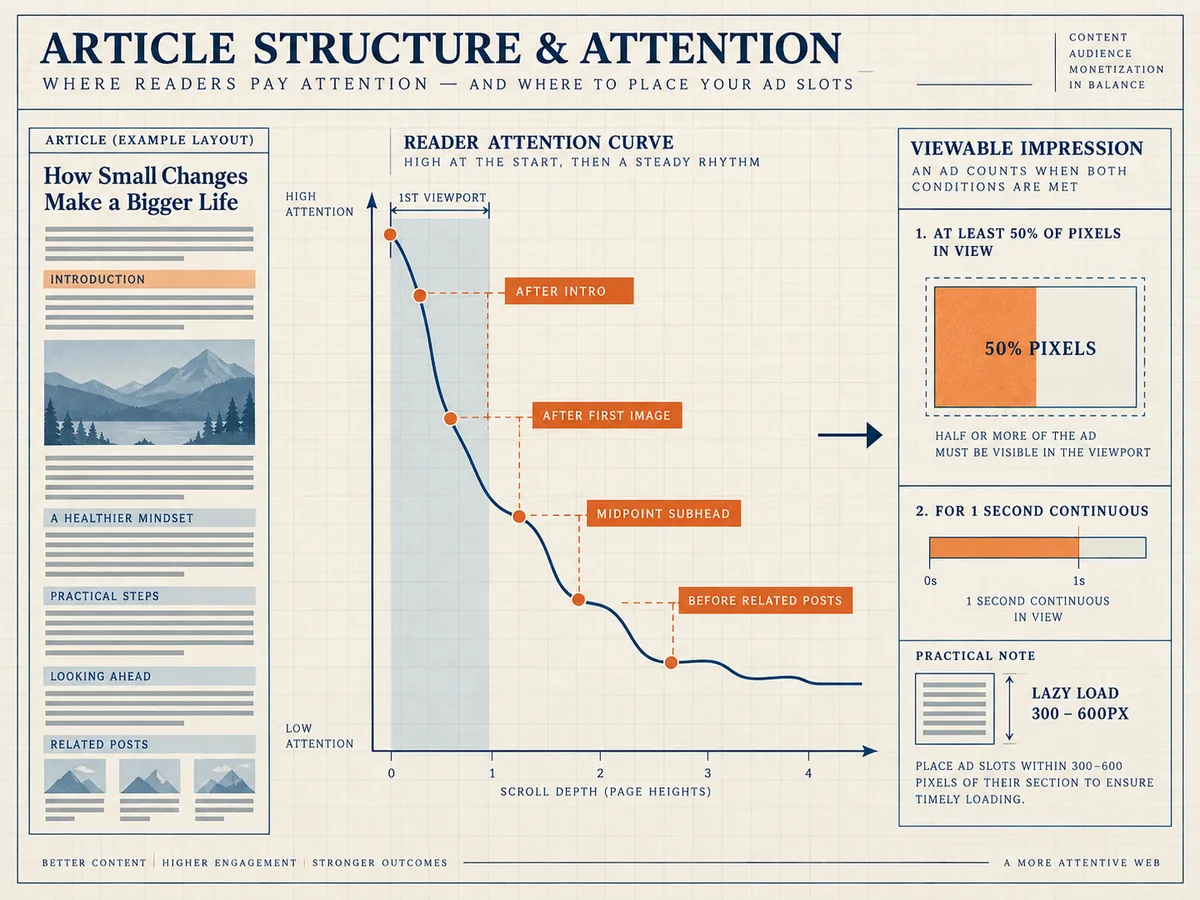 Miniature article page beside an attention curve starting high in the first viewport and settling into stepped rhythm