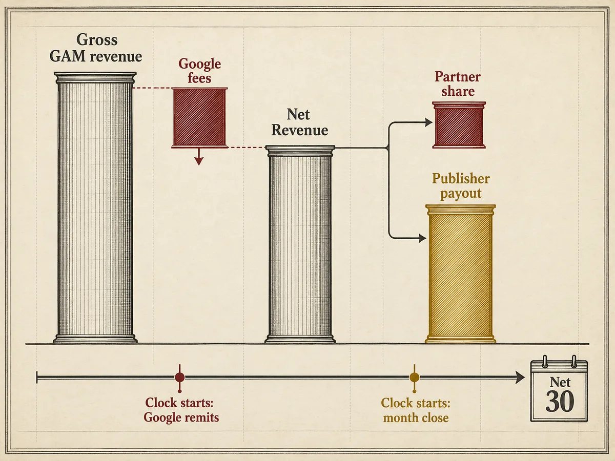 Payout waterfall from gross GAM revenue minus Google fees to net revenue, split into two partner branches