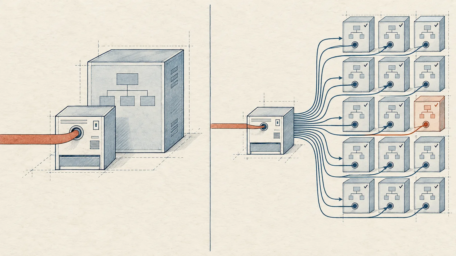 Ink-and-wash drafting cover in slate blue and terracotta for an explainer on Google MCM's two modes