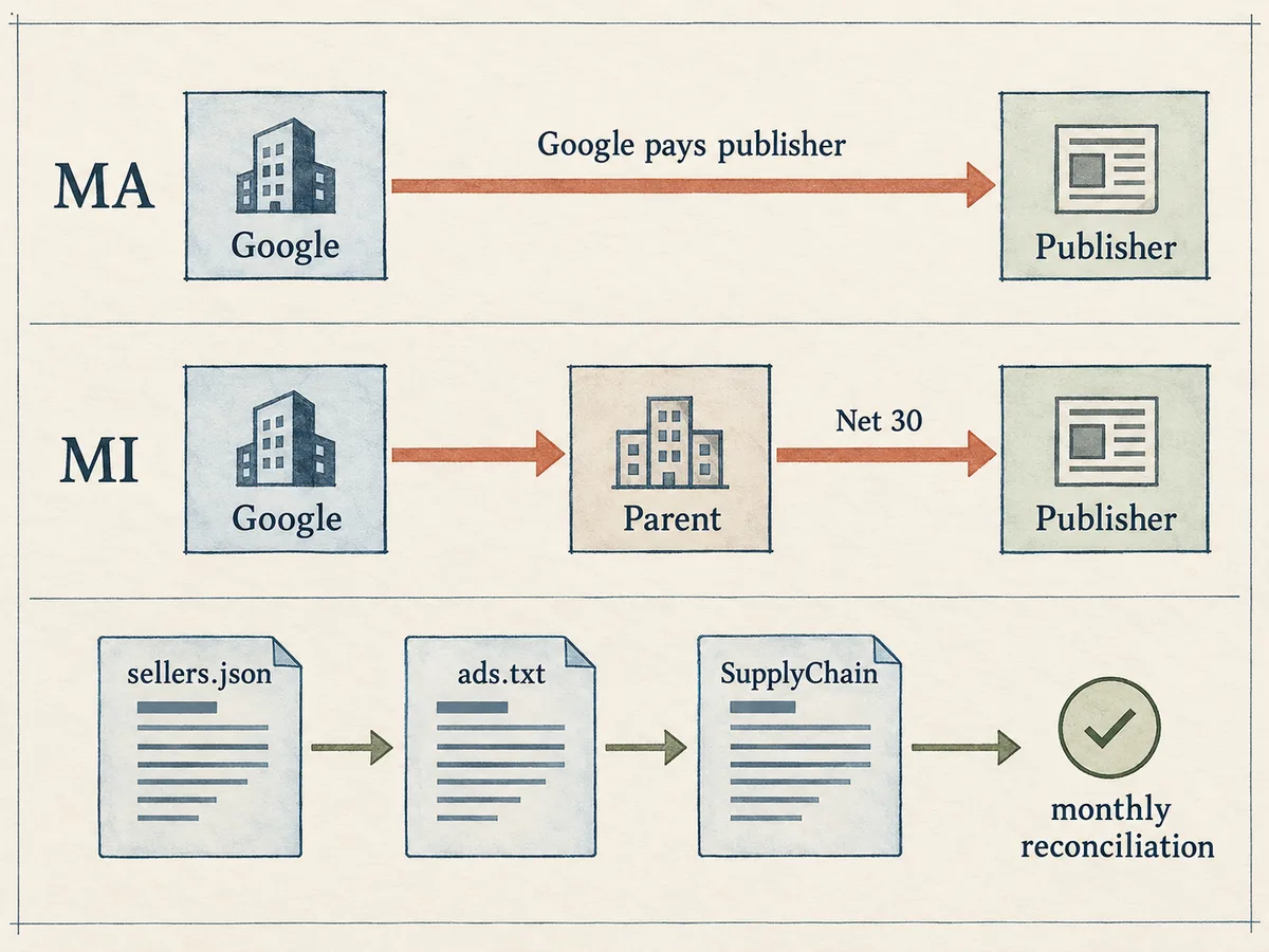 Two payment flows: MA where Google pays the publisher directly, and MI where payment routes through the parent