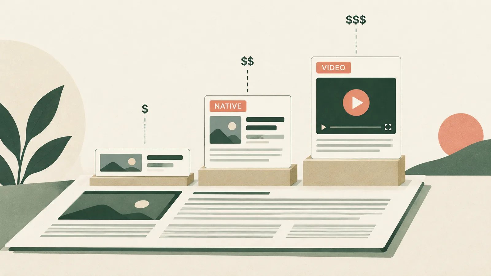 Magazine spec-sheet cover in forest green and coral for diversifying revenue with native and outstream video