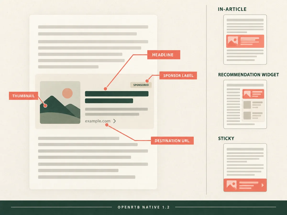 Native ad card seated in article flow with coral leader lines to callouts for headline, thumbnail, and sponsor chip