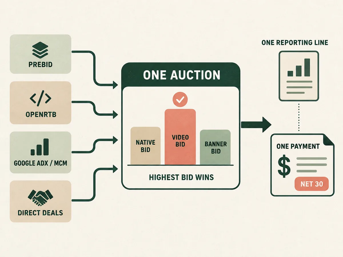 Four demand sources, Prebid to direct deals, sending arrows into one auction holding native, video, and banner bids