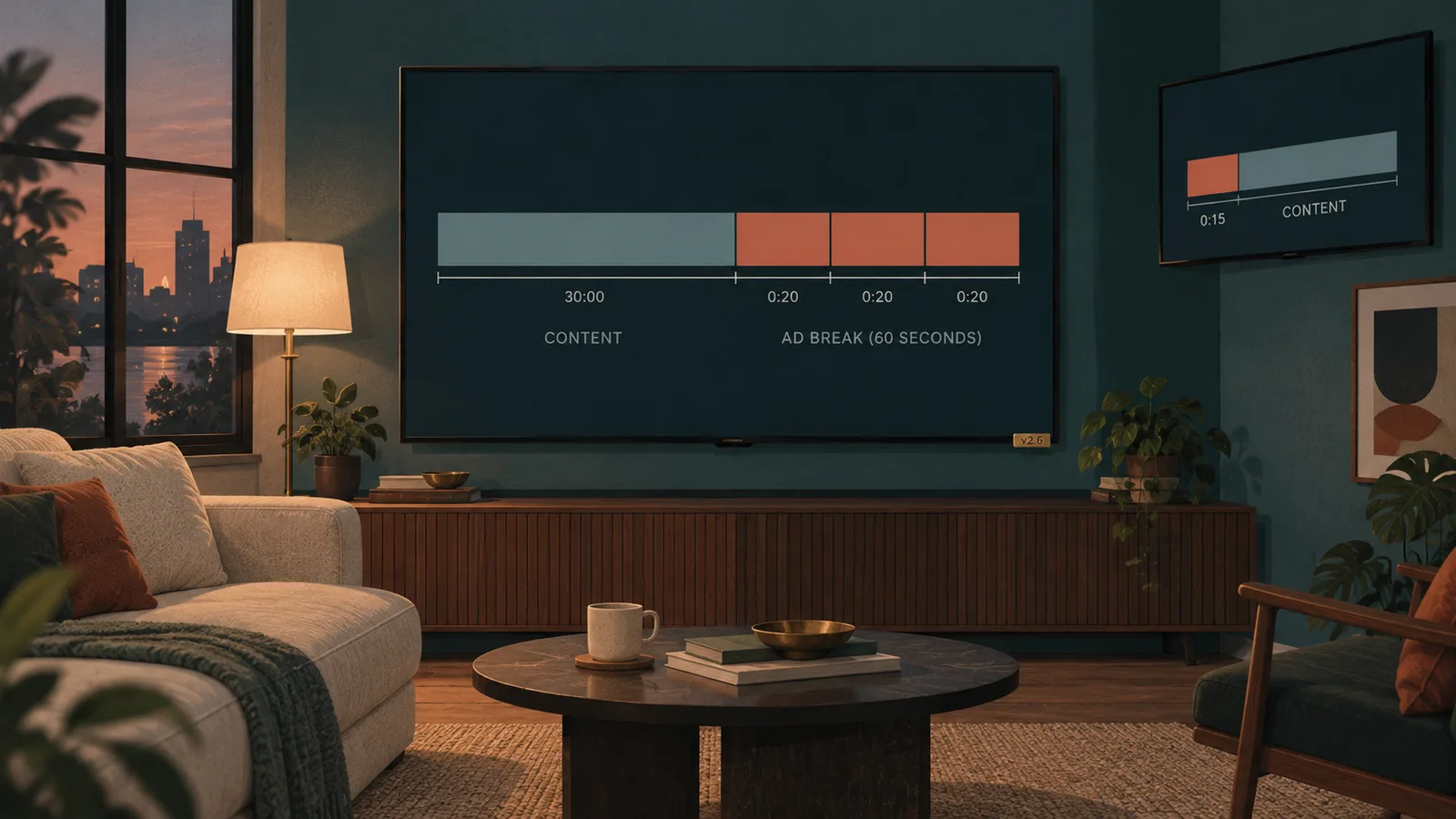 Petrol-teal broadcast cover with terracotta and brass for OpenRTB 2.6 video and CTV monetization features