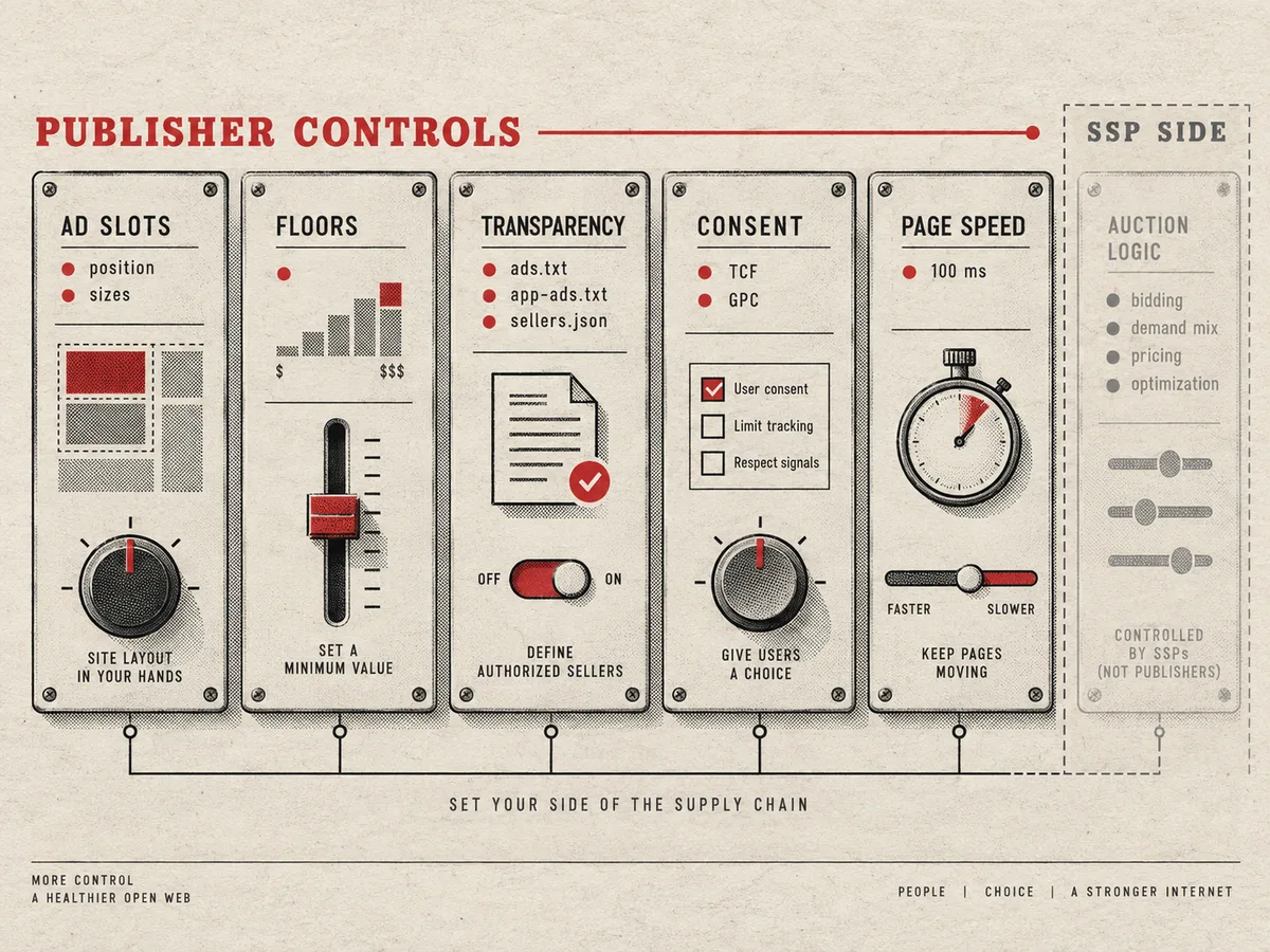Row of five control panels for ad slots, floors, targeting, and other bid request settings a publisher can tune