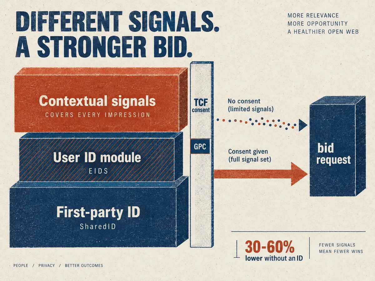 Three-tier stack of identity signals, from first-party SharedID to user ID modules, feeding one target block