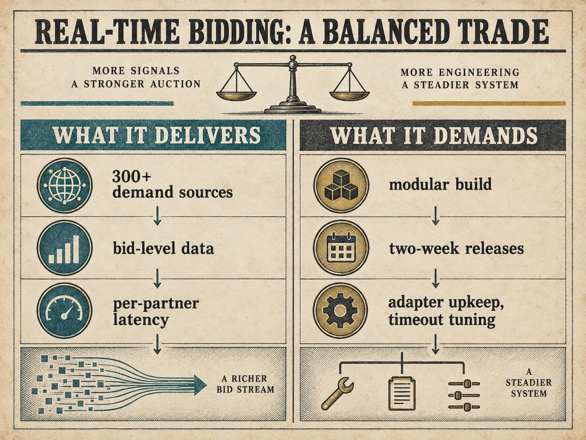 Two-column ledger contrasting what each wrapper delivers: demand sources, bid-level data, and per-partner latency