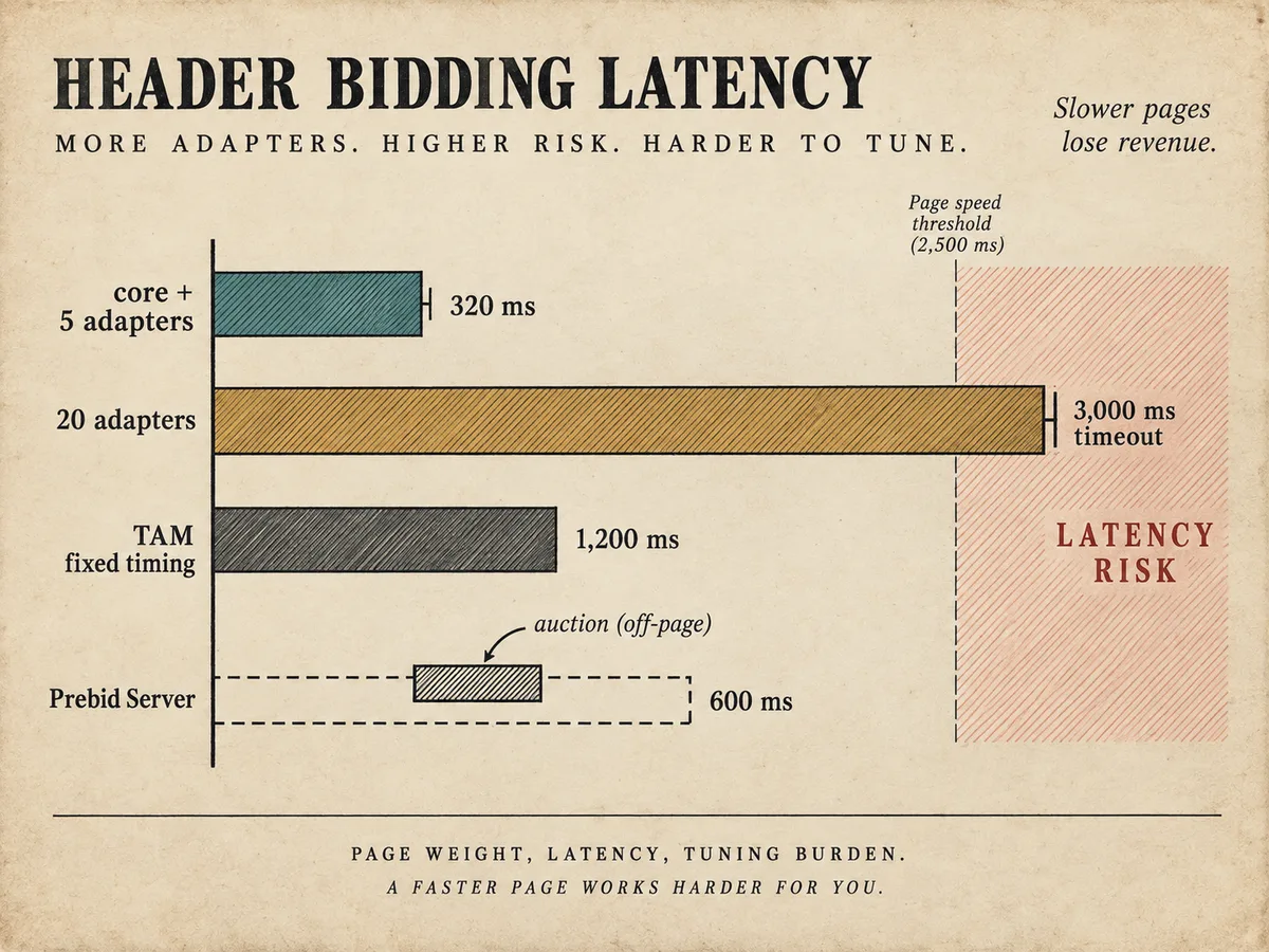 Latency bar chart where five adapters stay short while twenty adapters stretch past a 3,000 ms timeout bracket