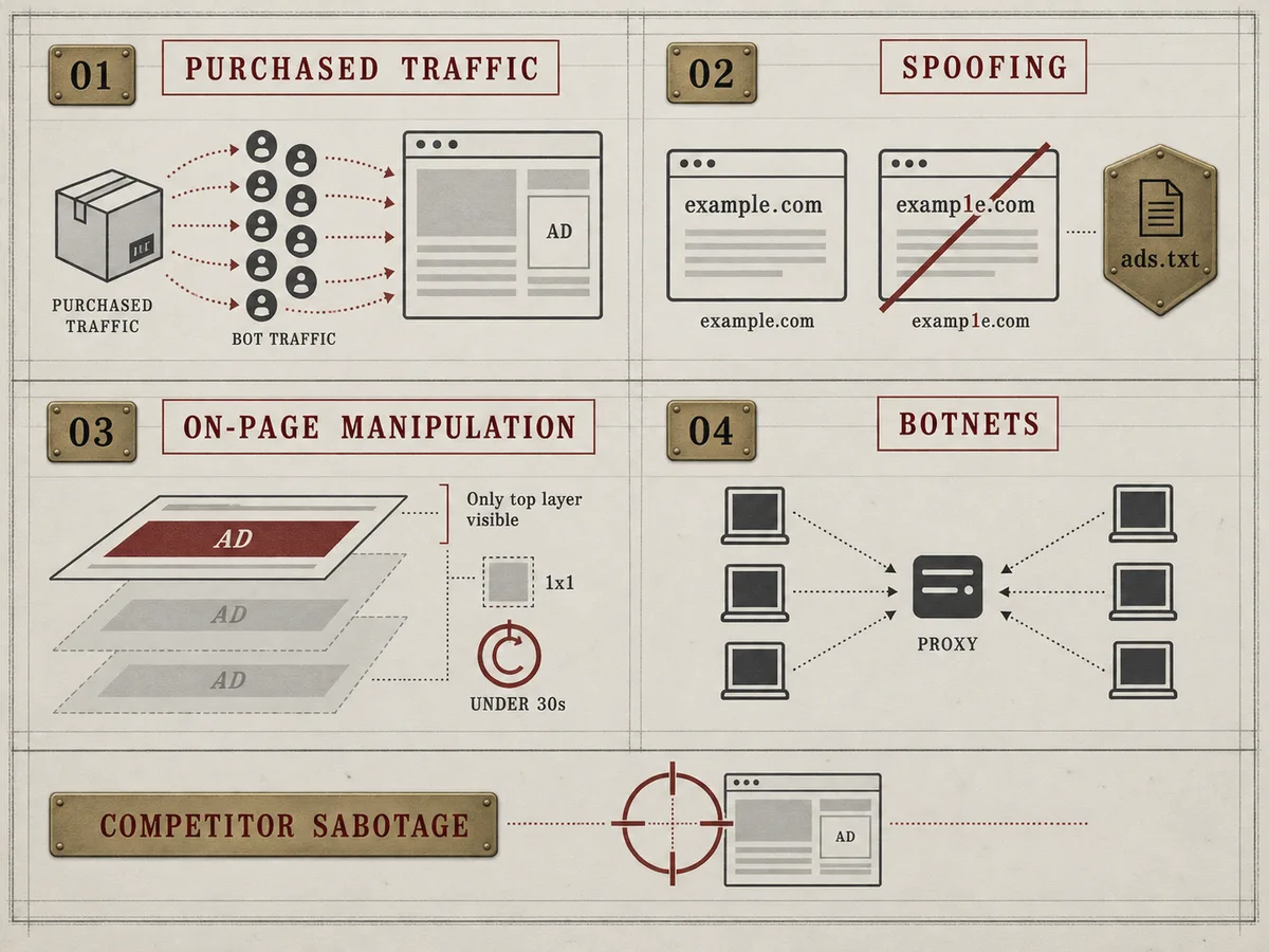Four-panel grid of IVT sources: purchased traffic, spoofed domains, bots, and manipulated signals feeding a page