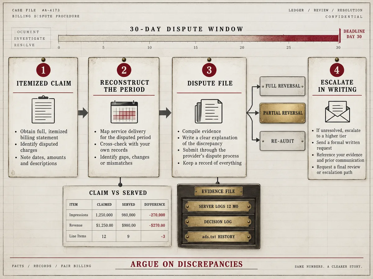 Four numbered ledger cards flowing through a 30-day dispute window: itemized claim, reconstruction, and filing
