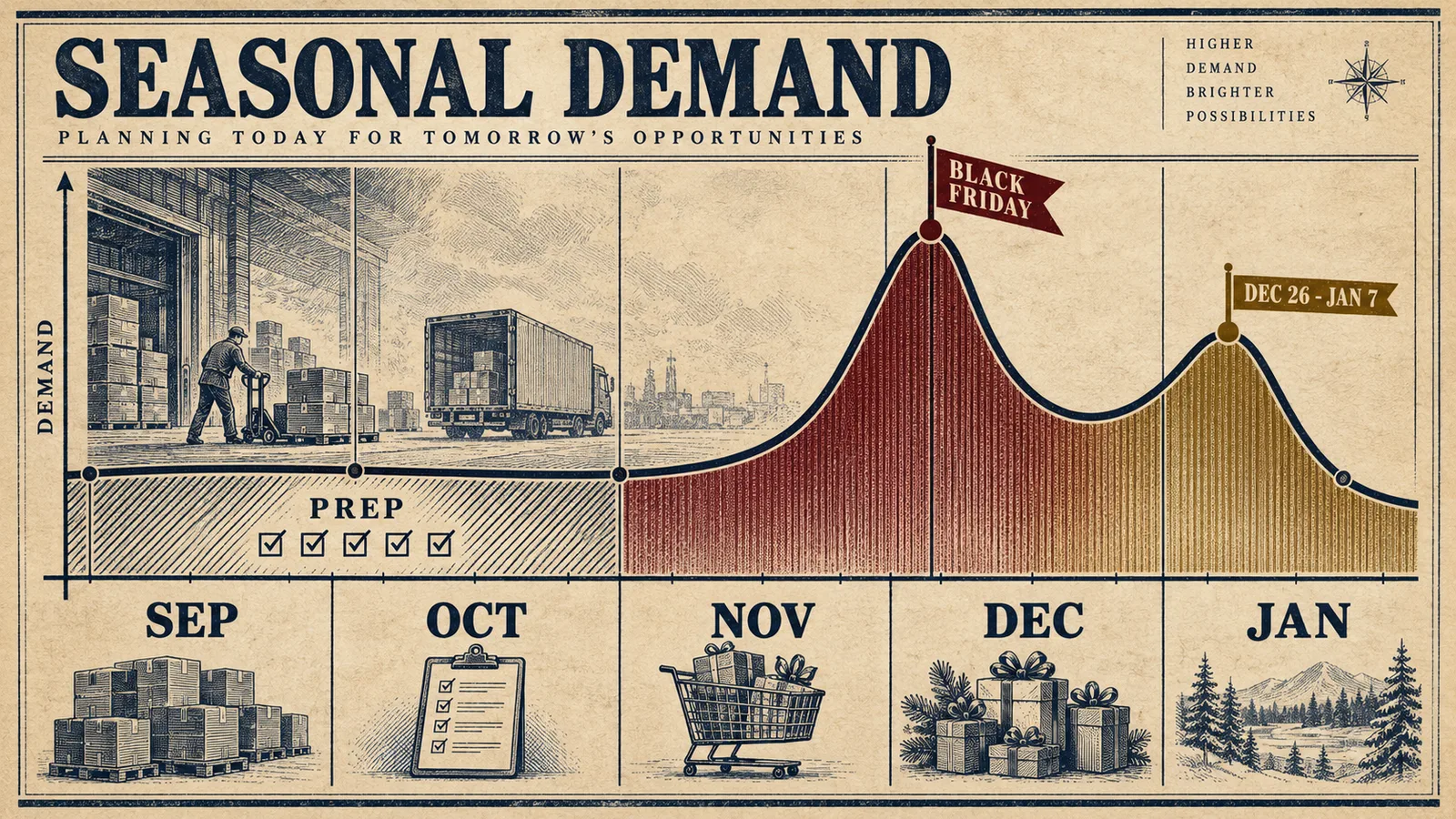 Vintage almanac cover in navy, brass, and wine red for a publisher's Q4 programmatic revenue playbook