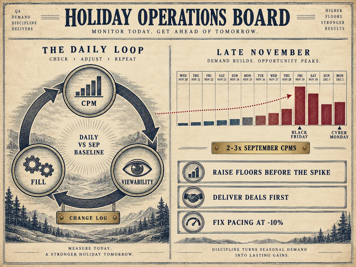 Daily monitoring loop checking CPM, fill, and viewability against a September baseline, beside a change log