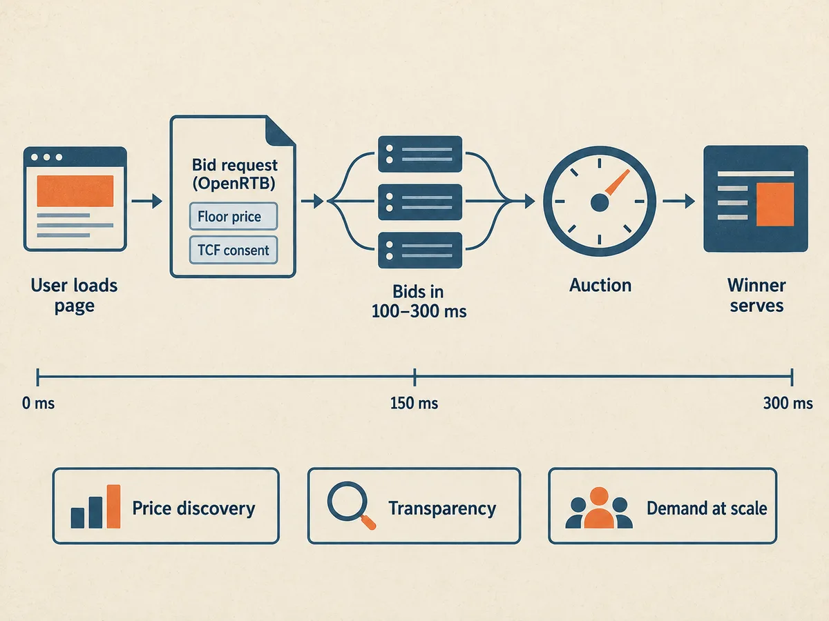 Five-stage flow from page load through OpenRTB bid request to auction, showing how SSP and ad network paths differ