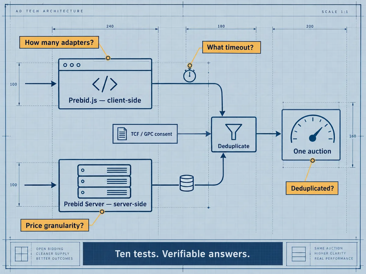 Blueprint schematic showing client-side Prebid.js and server-side Prebid lanes flowing into one auction destination