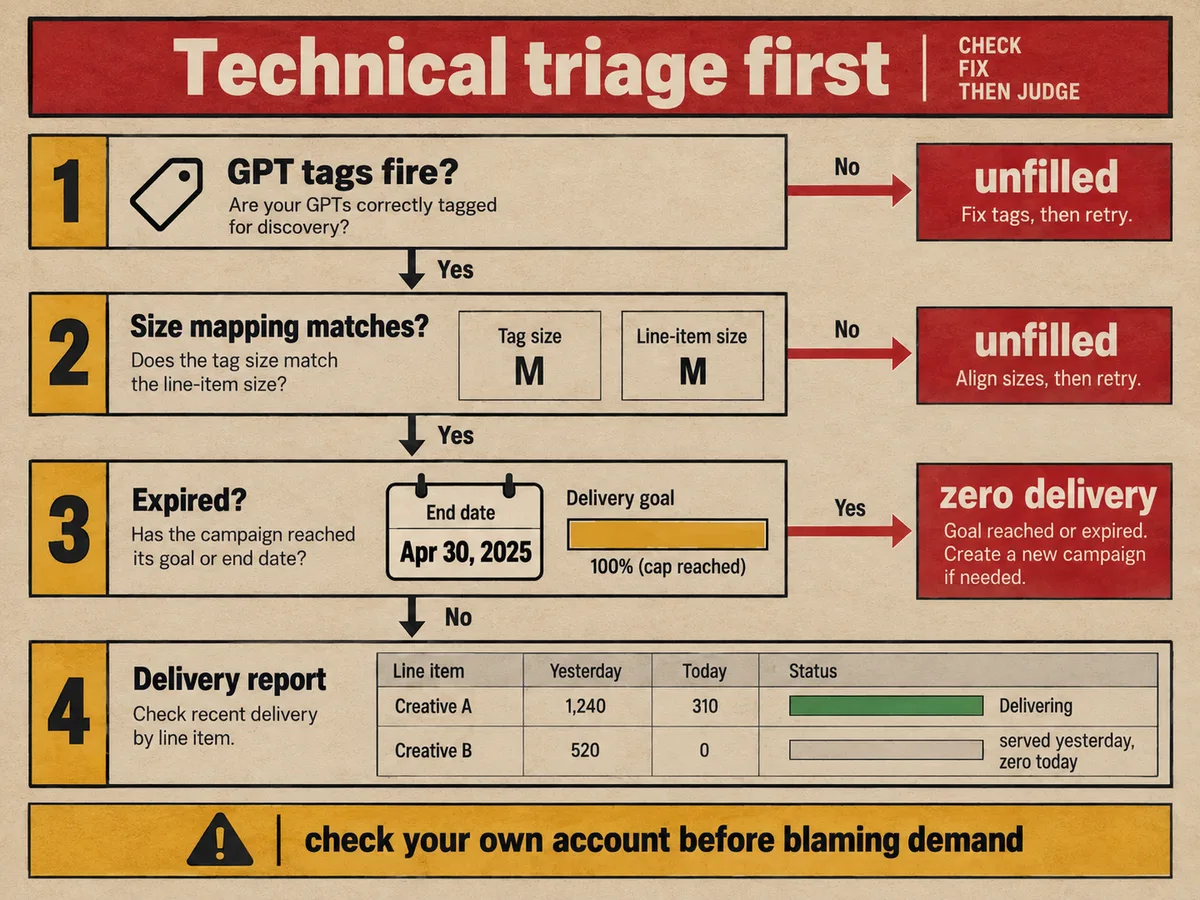 Four-step diagnostic ladder checking GPT tag firing, size mapping, and further gates before an unfilled exit